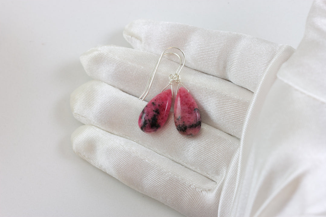 Pink Rhodonite Earrings Natural Smooth Fat Simple Teardrop dangle Sterling Silver or 14k Solid Gold or Filled Real Natural Simple Drops