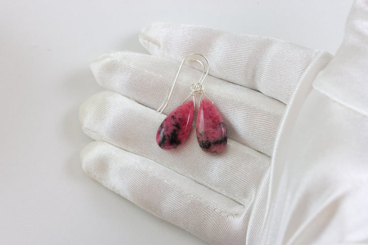 Pink Rhodonite Earrings Natural Smooth Fat Simple Teardrop dangle Sterling Silver or 14k Solid Gold or Filled Real Natural Simple Drops