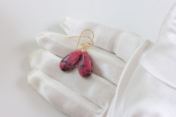 Pink Rhodonite Earrings Natural Smooth Fat Simple Teardrop dangle Sterling Silver or 14k Solid Gold or Filled Real Natural Simple Drops