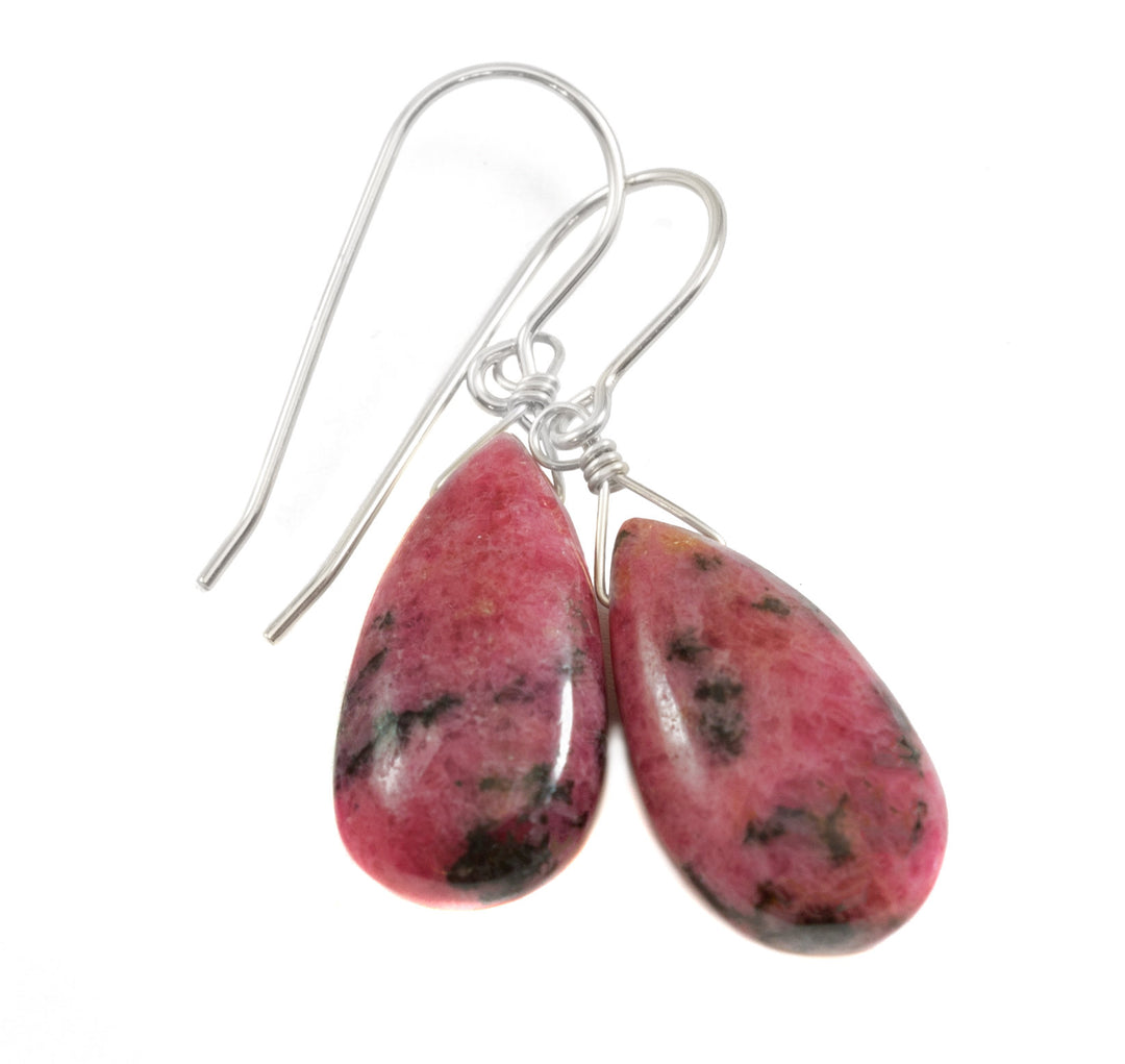 Pink Rhodonite Earrings Natural Smooth Fat Simple Teardrop dangle Sterling Silver or 14k Solid Gold or Filled Real Natural Simple Drops