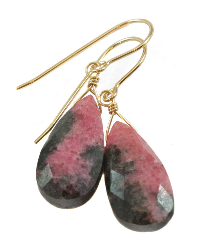 Pink Rhodonite Earrings Natural Faceted Simple Teardrop dangle Sterling Silver or 14k Solid Gold or Filled Real Natural Simple Drops 1.5 In