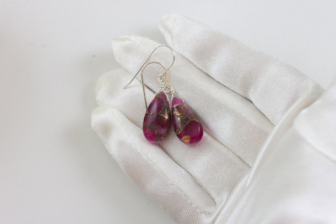 Red Copper Mosaic Quartz Earrings Smooth Simple Teardrop dangle Sterling Silver or 14k Solid Gold or Filled Real Natural Simple Drops 1.5 In