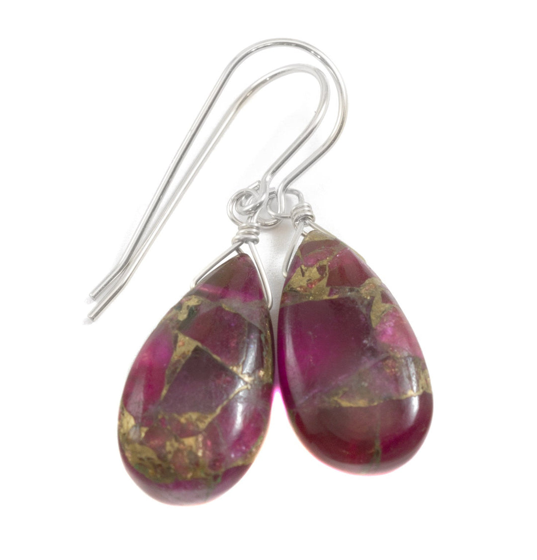 Red Copper Mosaic Quartz Earrings Smooth Simple Teardrop dangle Sterling Silver or 14k Solid Gold or Filled Real Natural Simple Drops 1.5 In