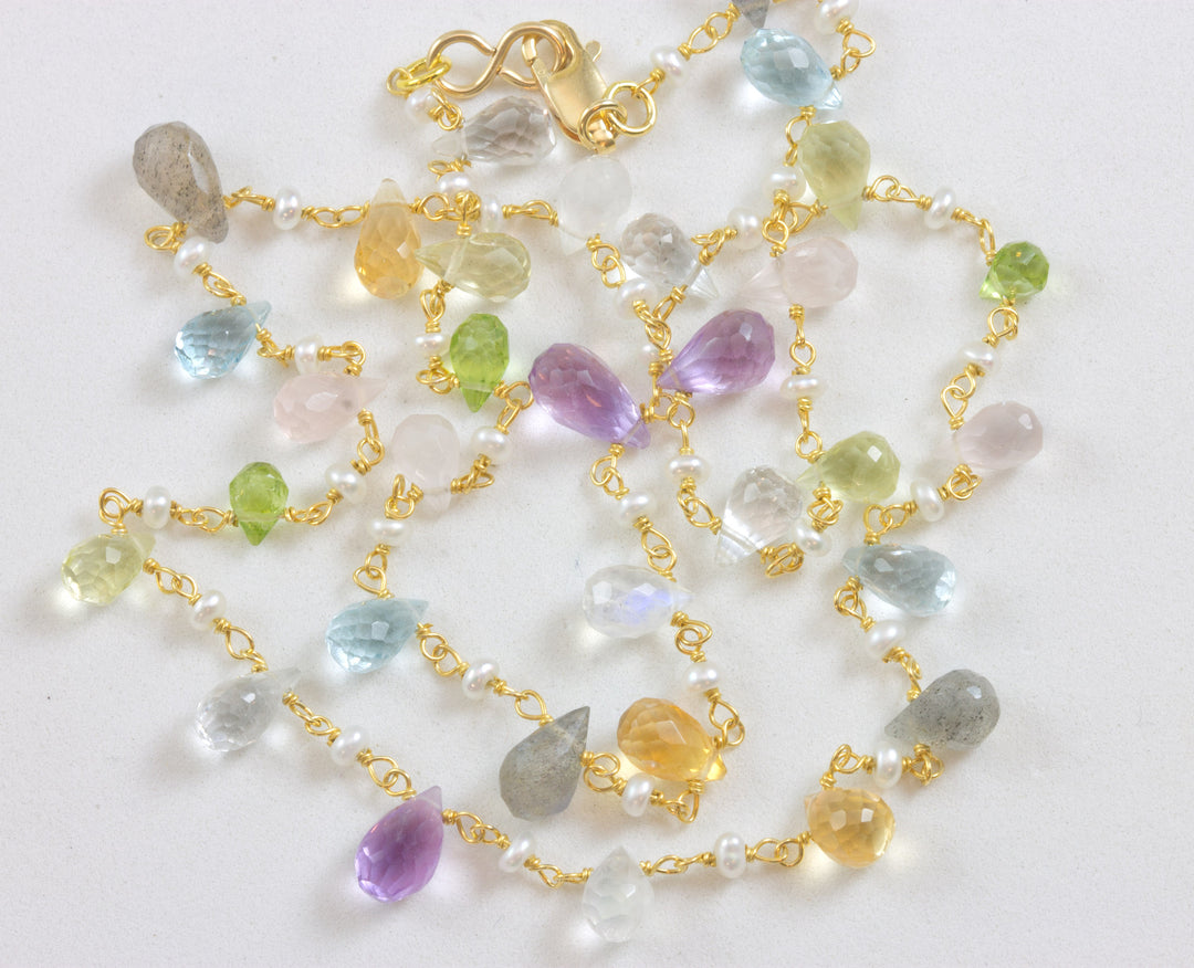 Multiple Gemstone Pearl Necklace Faceted Spaced Link 14k Gold Filled  18 19 Inches Amethyst Peridot Aquamarine Rose Quartz Labradorite Topaz