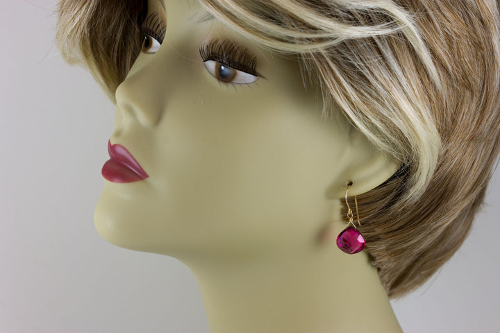 Watermelon Pink Simulated Tourmaline  Earrings Faceted  Large Hearts Dangle 14k Solid Gold or Filled or Sterling Silver Simple Fuchsia Drops