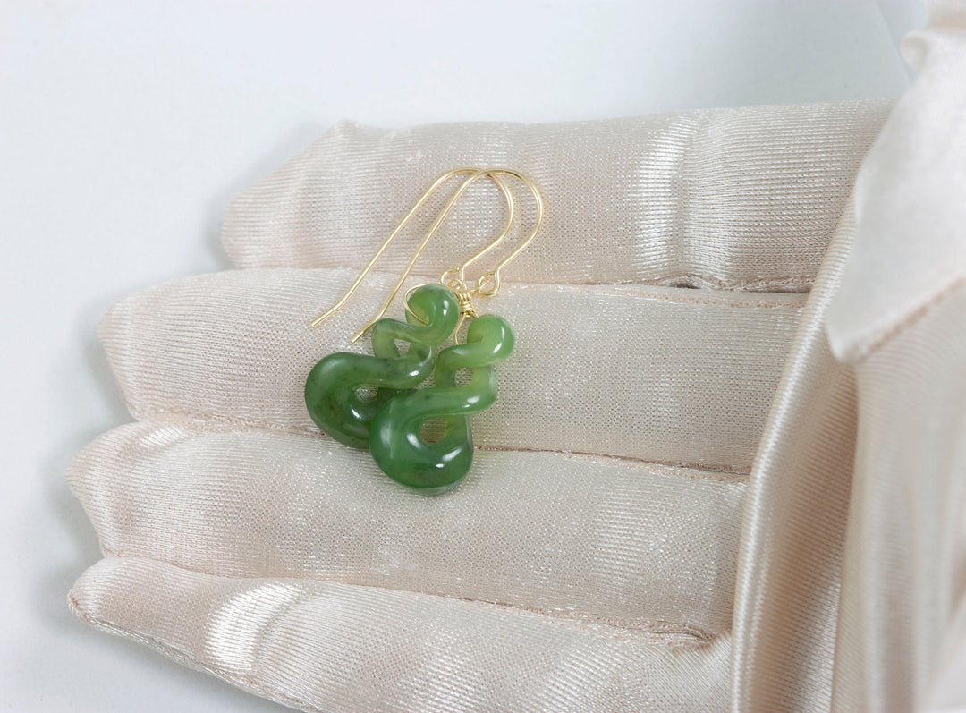 Natural Nephrite Green Jade Earrings Carved Triple Infinity Teardrop 14k solid yellow gold or filled or Sterling Silver unique simple drops