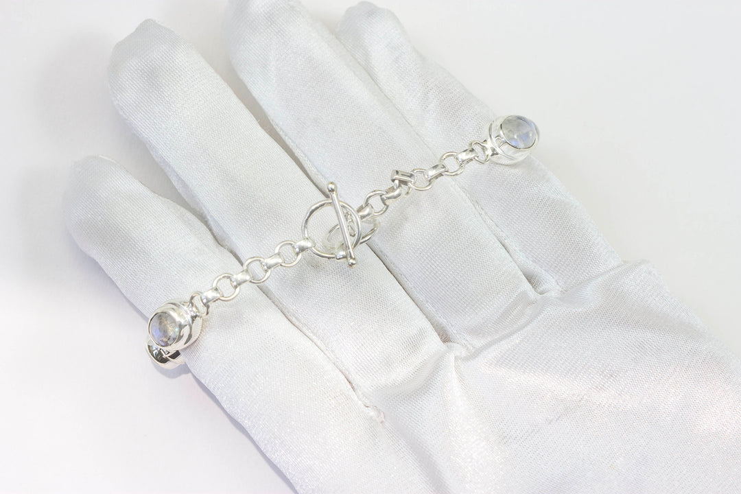 Moonstone Bracelet Bezel Set Toggle Clasp Smooth Rainbow Sterling Silver 7 8 Inches Natural Rainbow Blue Flash Smooth Adjustable