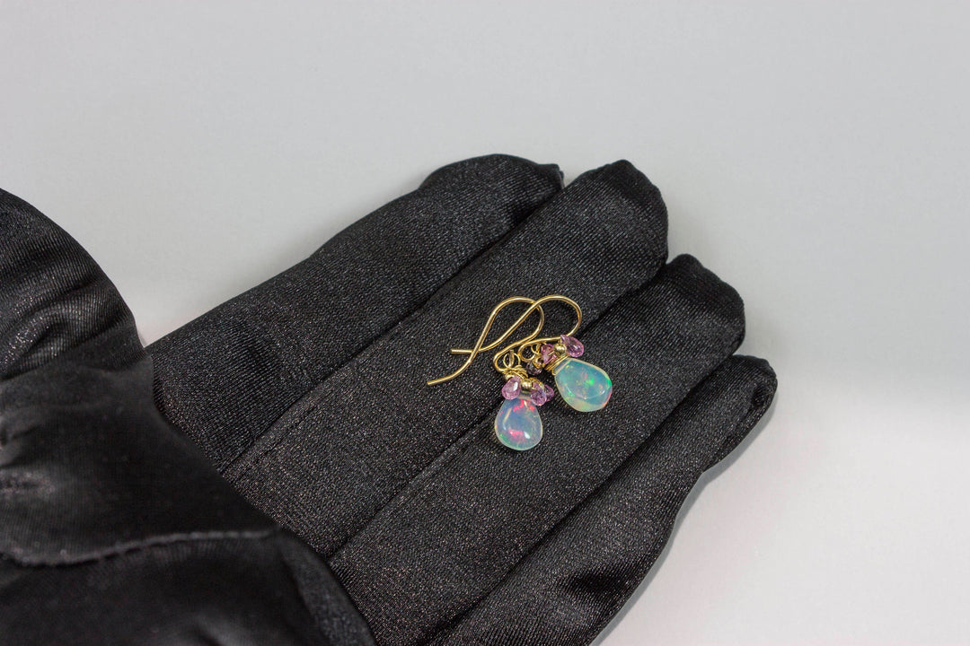 Welo Opal Earrings Smooth Shaped Teardrops Pink Sapphire Briolettes 14k Solid Gold or Filled Natural Earthy Wrap Dangles Spyglass Designs