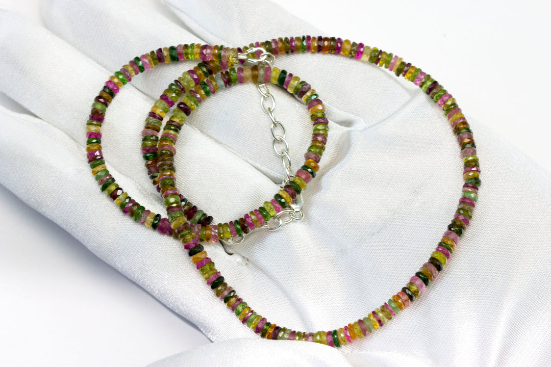 Multi Colored Tourmaline Necklace Natural Earthy Solid Strand 4.5mm Sterling Silver 14k Gold Filled Micro Faceted 20 Inch Simple pink green