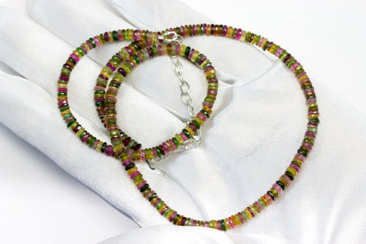 Multi Colored Tourmaline Necklace Natural Earthy Solid Strand 4.5mm Sterling Silver 14k Gold Filled Micro Faceted 20 Inch Simple pink green