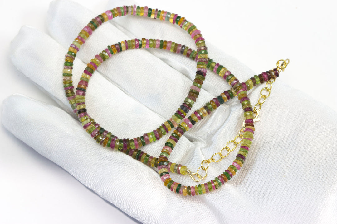 Multi Colored Tourmaline Necklace Natural Earthy Solid Strand 4.5mm Sterling Silver 14k Gold Filled Micro Faceted 20 Inch Simple pink green