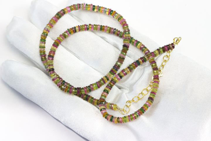 Multi Colored Tourmaline Necklace Natural Earthy Solid Strand 4.5mm Sterling Silver 14k Gold Filled Micro Faceted 20 Inch Simple pink green