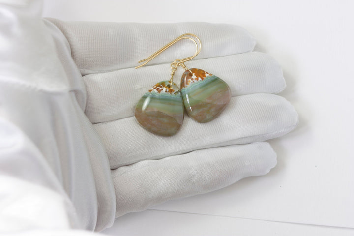 Pink Ocean Jasper Earrings Green Soft Pink Circles 14k solid gold or filled or Sterling Silver Off Round Smooth Dangle Natural Simple Drop