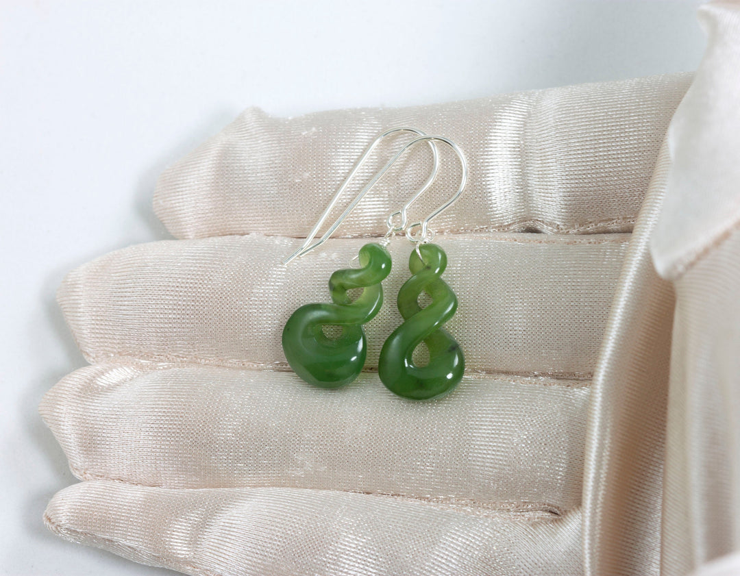 Natural Nephrite Green Jade Earrings Carved Triple Infinity Teardrop 14k solid yellow gold or filled or Sterling Silver unique simple drops