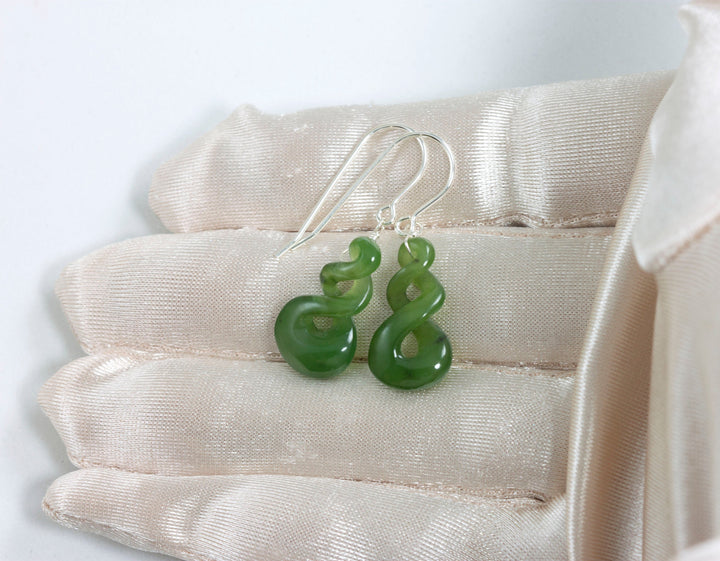 Natural Nephrite Green Jade Earrings Carved Triple Infinity Teardrop 14k solid yellow gold or filled or Sterling Silver unique simple drops