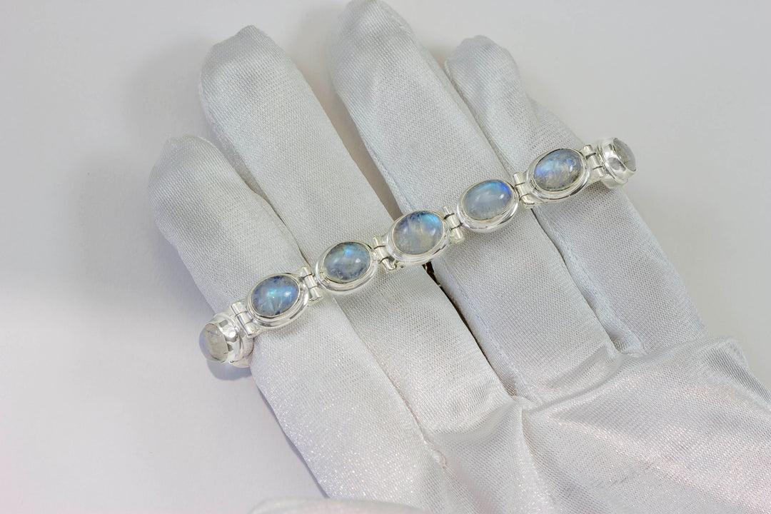 Moonstone Bracelet Bezel Set Toggle Clasp Smooth Rainbow Sterling Silver 7 8 Inches Natural Rainbow Blue Flash Smooth Adjustable
