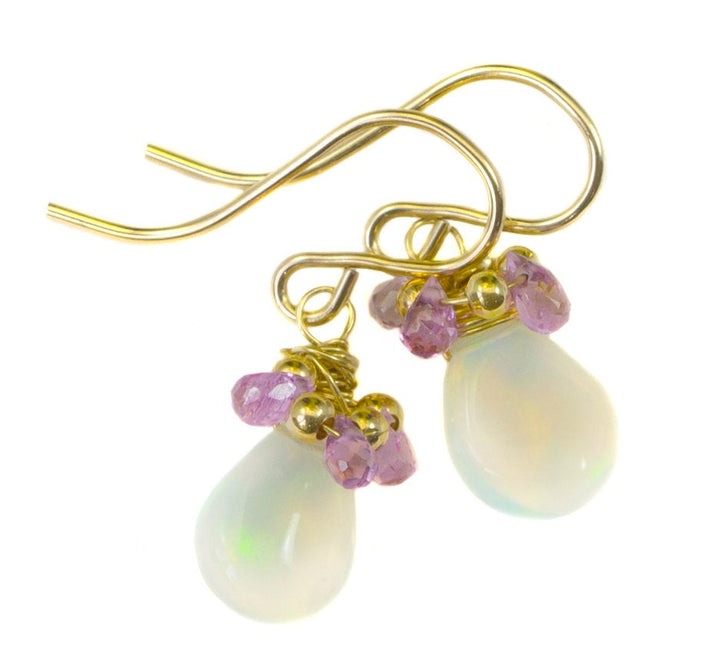 Welo Opal Earrings Smooth Shaped Teardrops Pink Sapphire Briolettes 14k Solid Gold or Filled Natural Earthy Wrap Dangles Spyglass Designs