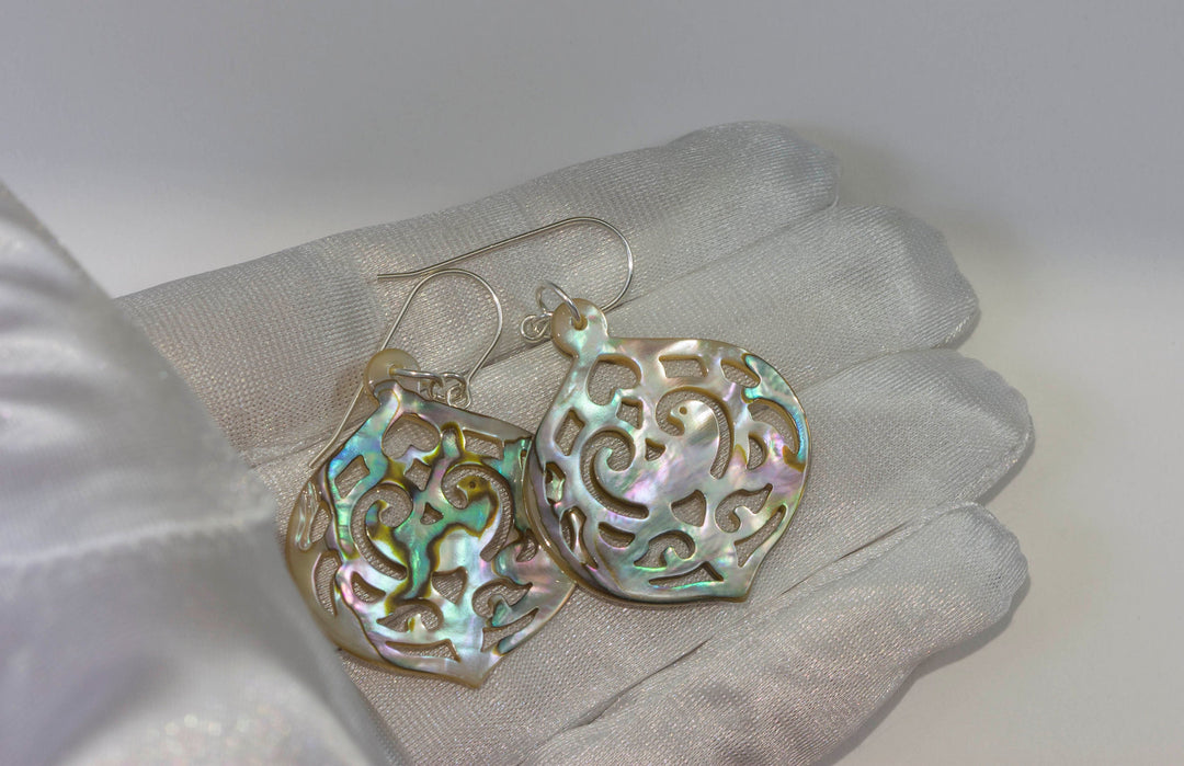 Abalone Paua Shell Teardrop Earrings Natural Peacock Colors Carved Sterling Silver  Silvery Pink and Blue Colors Spyglass Designs
