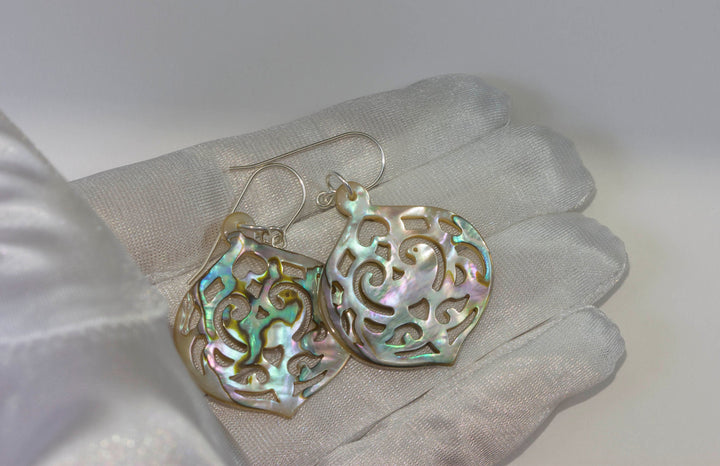 Abalone Paua Shell Teardrop Earrings Natural Peacock Colors Carved Sterling Silver  Silvery Pink and Blue Colors Spyglass Designs