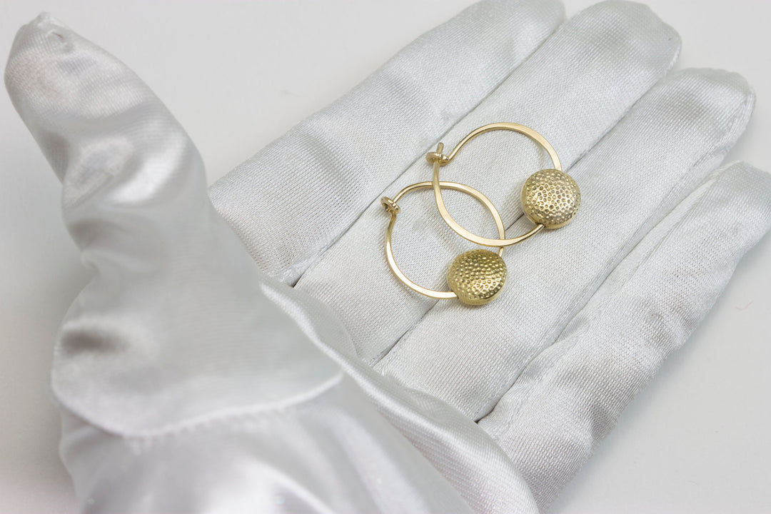 14k Gold Filled Round Hoop hammered button Earrings Brushed Gold Bright Yellow gold contemporary design handmade loop Spyglass Designs