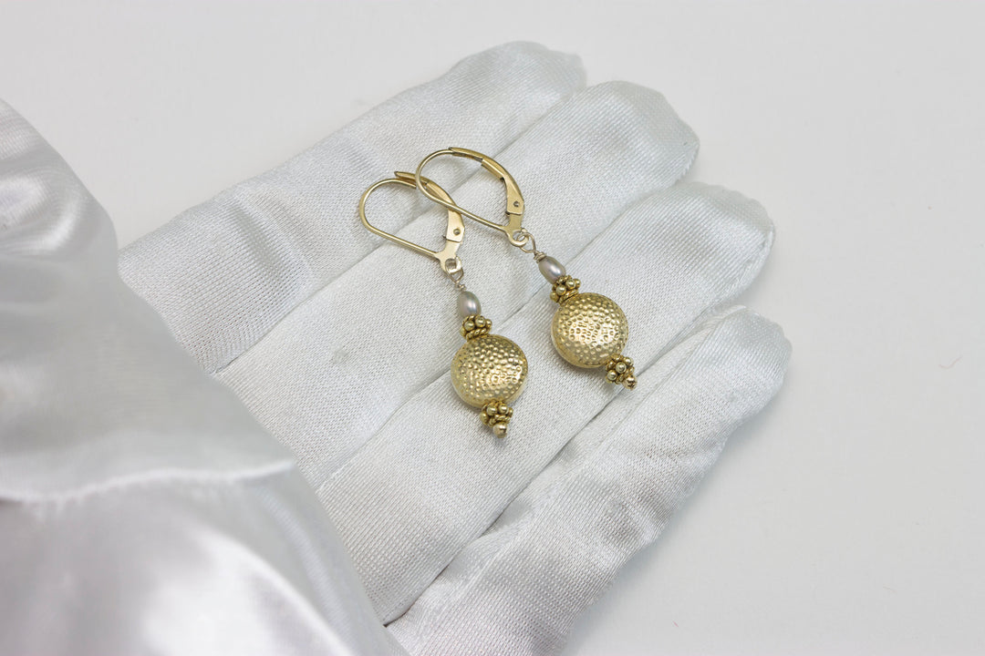 14k Gold Filled  hammered button Earrings Brushed Gold Bright Yellow vemeil Tiny Pearls contemporary Leverback handmade Spyglass Designs