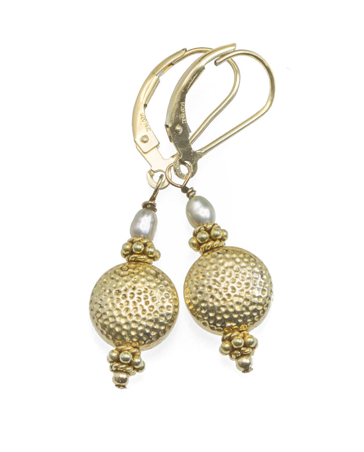 14k Gold Filled  hammered button Earrings Brushed Gold Bright Yellow vemeil Tiny Pearls contemporary Leverback handmade Spyglass Designs