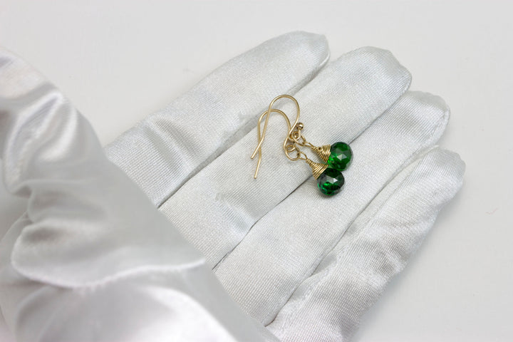 Green Cubic Zirconia Earrings Faceted Teardrop AAA CZ  14k Gold Filled Deep Emerald Green Wire Wrapped  Small Dainty Spyglass Designs
