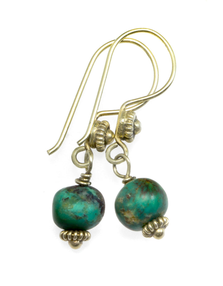 Turquoise Earrings Deep Blue Green Round Dangle Drops 14k Yellow Gold Vermeil Simple Drops Vintage Earthy Patina Spyglass Designs