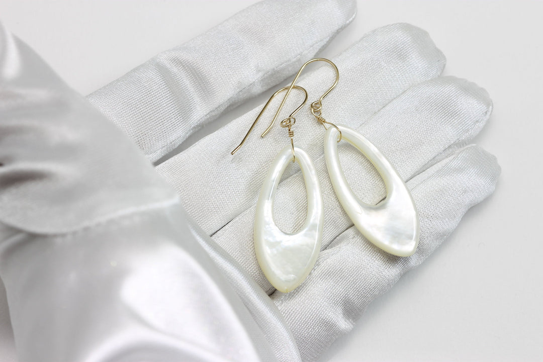 Mother of Pearl Earrings White Shell Long Oval Shape Teardrop Natural 14k Solid Gold or Filled or Sterling Silver Large Luster MOP Drops 2 "