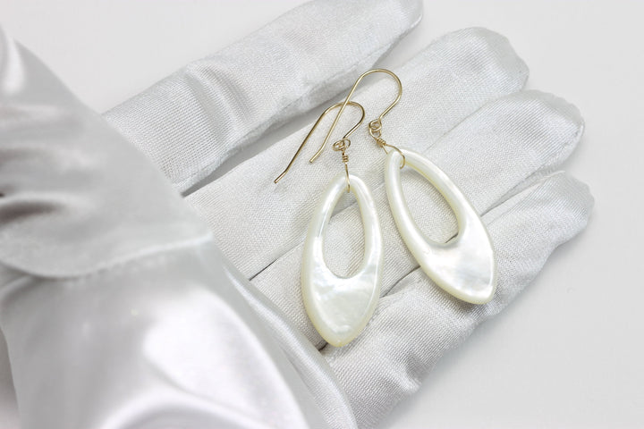 Mother of Pearl Earrings White Shell Long Oval Shape Teardrop Natural 14k Solid Gold or Filled or Sterling Silver Large Luster MOP Drops 2 "