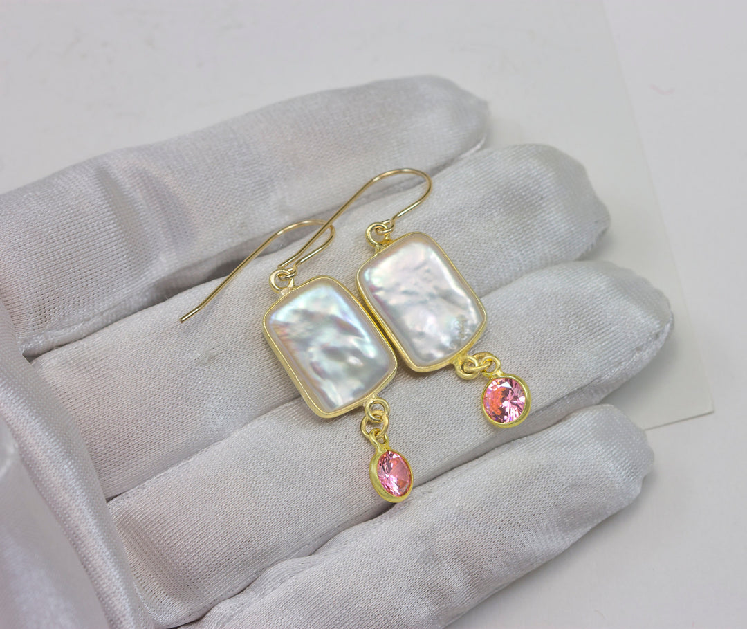 Pearl Earrings 14k solid yellow gold or filled Rectangular Bezel Blue Pink Sapphire CZ Double Hung Freshwater Pearls Rectangle 1.7 Inch