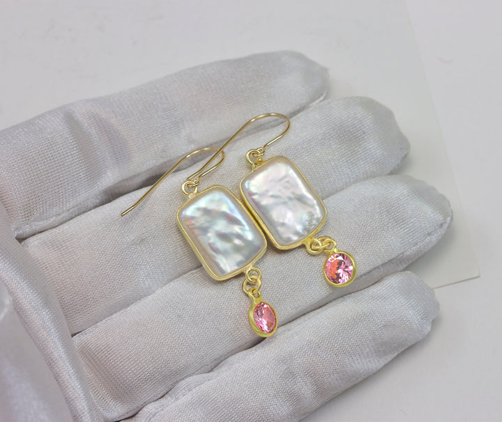 Pearl Earrings 14k solid yellow gold or filled Rectangular Bezel Blue Pink Sapphire CZ Double Hung Freshwater Pearls Rectangle 1.7 Inch