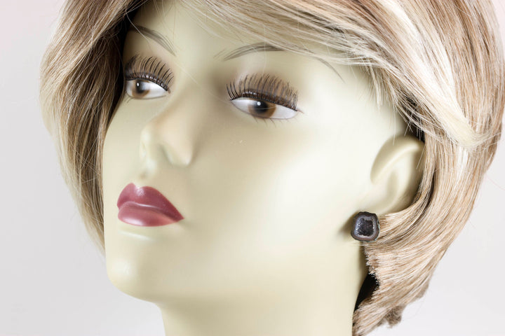 Baby Geode Earrings Tabasco Black Grey Black Druzy Post Studs 14k Gold Filled Small Natural Drusy Quartz Halved Geodes Paired AAA