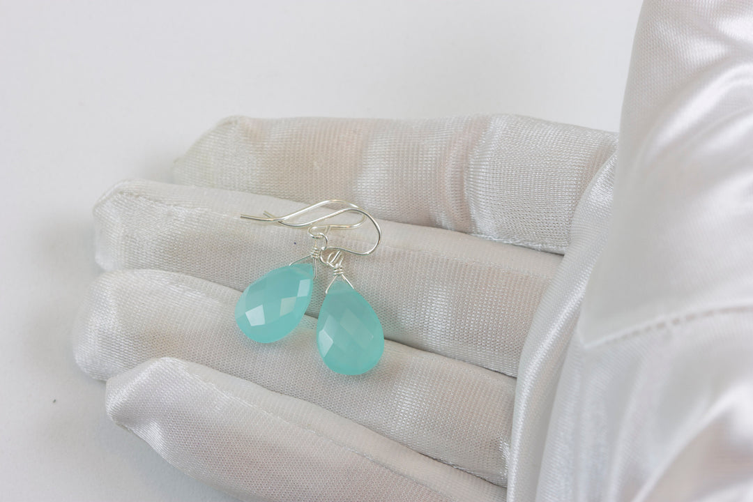 Aqua Blue Chalcedony Earrings 14k Solid Gold or Filled or Sterling Silver Teardrop Pear Faceted Soft Pale Blue Natural Dainty Everyday Drops