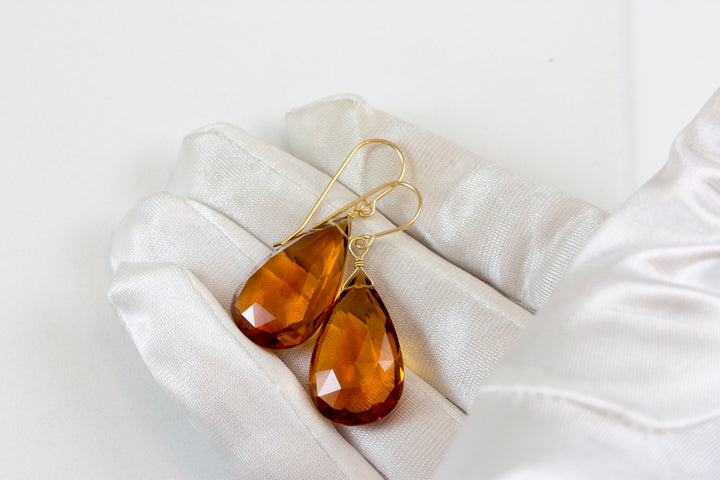 Citrine Earrings Dark Yellow Simulated Large Faceted Briolette Teardrops Drops 14k solid gold or filled or Sterling Silver Pear Shaped