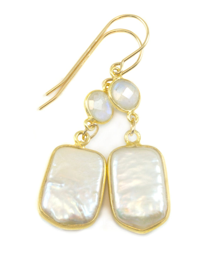 Pearl Earrings 14k solid yellow gold or filled Rectangular Bezel Blue Rainbow moonstone Double Hung Freshwater Pearls Rectangle bezel dainty
