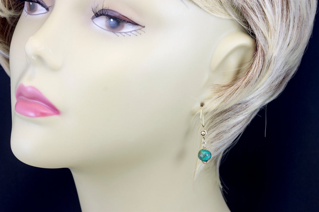 Turquoise Earrings Deep Blue Green Round Dangle Drops 14k Yellow Gold Vermeil Simple Drops Vintage Earthy Patina Spyglass Designs