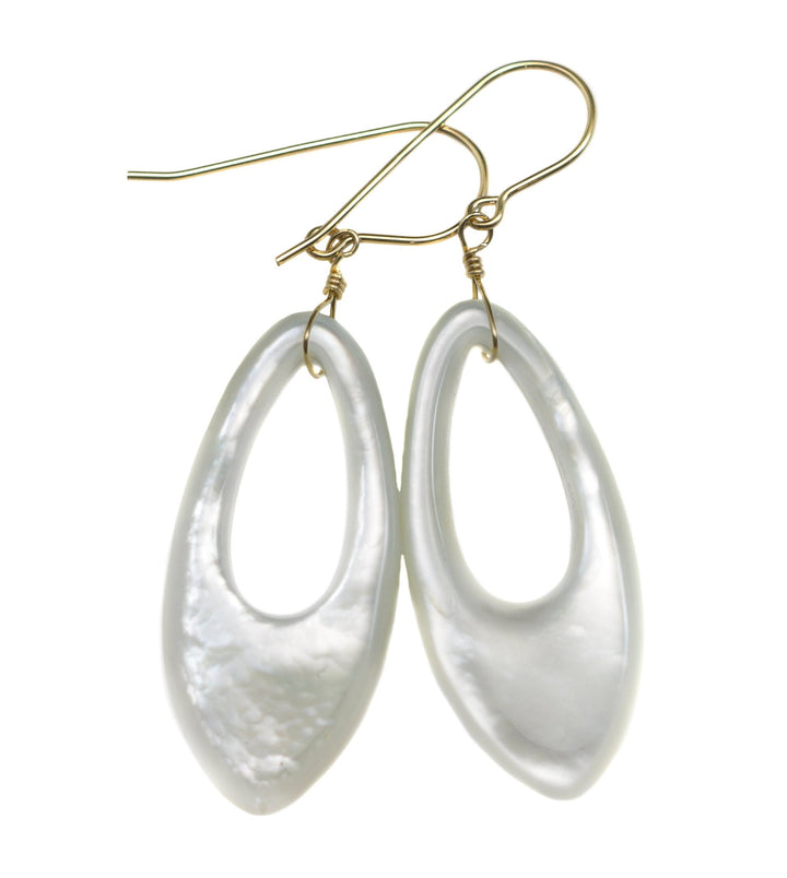 Mother of Pearl Earrings White Shell Long Oval Shape Teardrop Natural 14k Solid Gold or Filled or Sterling Silver Large Luster MOP Drops 2 "