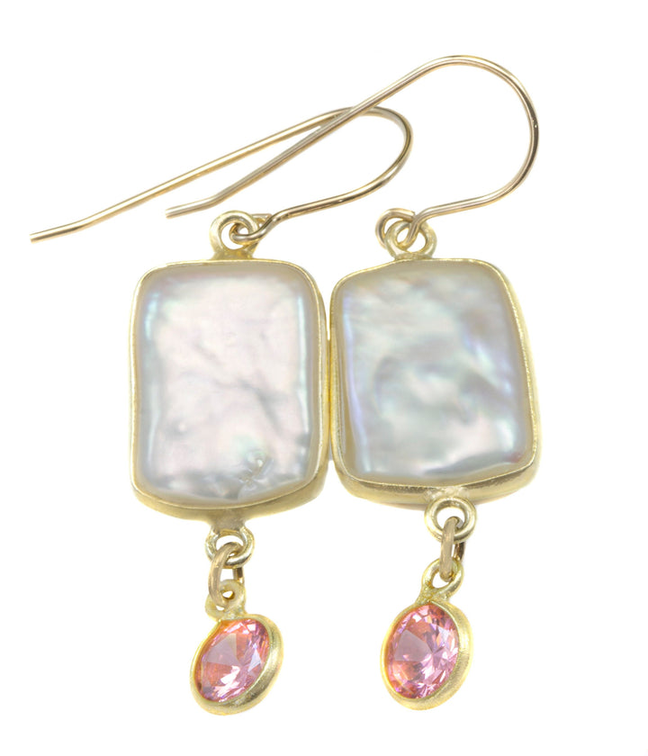 Pearl Earrings 14k solid yellow gold or filled Rectangular Bezel Blue Pink Sapphire CZ Double Hung Freshwater Pearls Rectangle 1.7 Inch