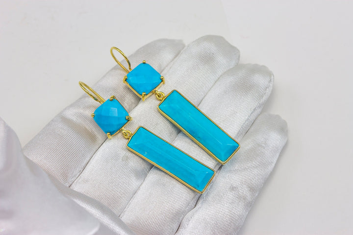 Turquoise Earrings  Blue Teardrops Faceted Dangle Drops Double Hung Bezel Setting 14k Solid Yellow Gold or 14k Gold Filled Simple Drops 2 "