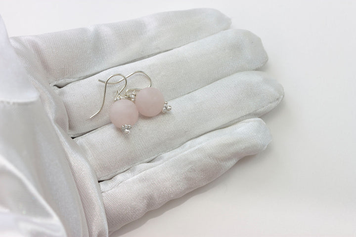 Rose Quartz Earrings Pink Dainty Smooth Round Dangle Sterling Silver or 14k solid Gold or Filled Classic Faceted Simple Everyday Accents