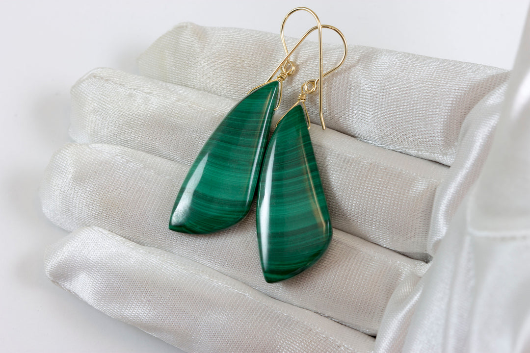 Malachite Earrings Green Large smooth Natural Rounded Curved Triangle Drops 14k Solid Yellow Gold or Filled simple 2 In Teardrops  Classic