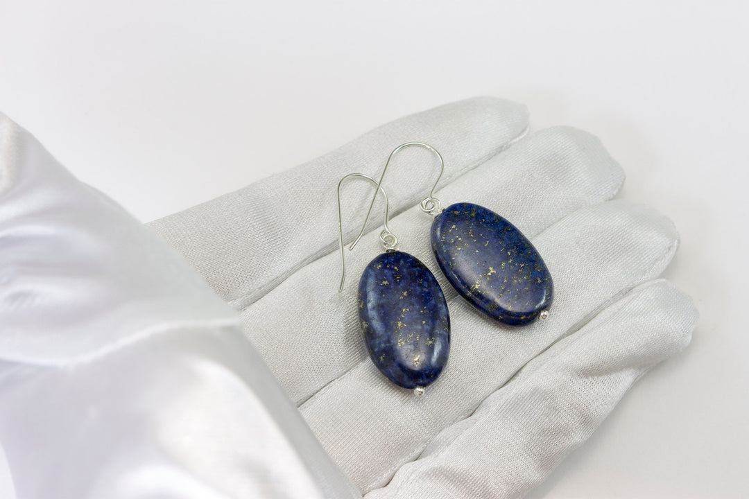 Blue Lapis Lazuli Earrings Natural Large Long Oval Smooth Sterling Silver or 14k Solid Gold or Filled Natural Pyrite Flecks Puffed Drops