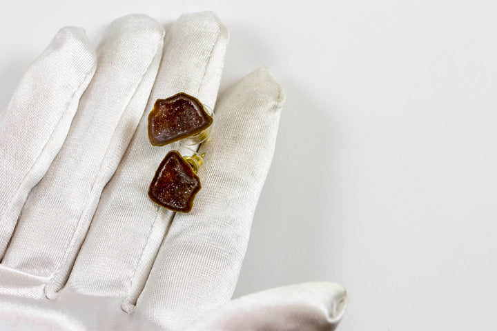 Baby Geode Earrings Tabasco Black Amber Cream Druzy Post Studs 14k Gold Filled Small Natural Drusy Quartz Halved Geodes Paired AAA