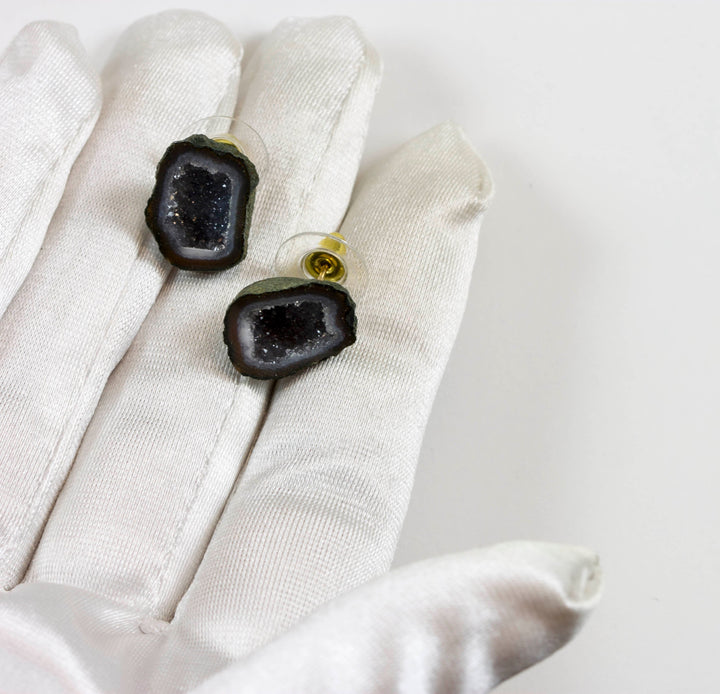 Baby Geode Earrings Tabasco Black Grey Black Druzy Post Studs 14k Gold Filled Small Natural Drusy Quartz Halved Geodes Paired AAA