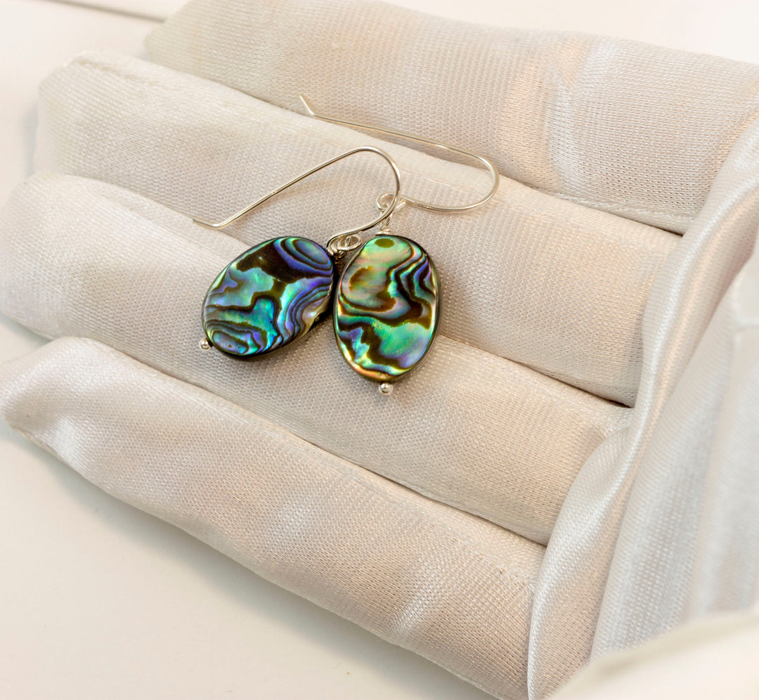 Abalone Earrings Paua Shell Teardrop Natural Peacock Oval 14k Solid Gold or Filled or Sterling Silver Blue Green Ovals Simple Drops MOP