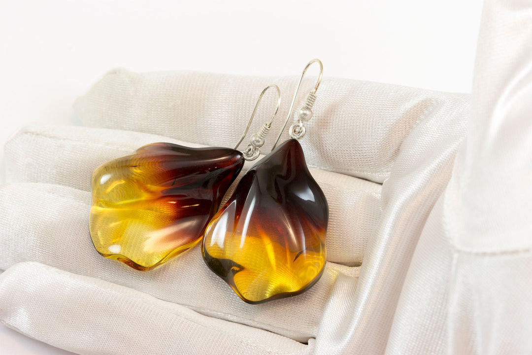 Amber Earrings Sterling Silver Yellow Honey Smooth Floral Teardrop Natural Unique Dangles Sterling Silver Fancy Euro Leverbacks 2 Inch
