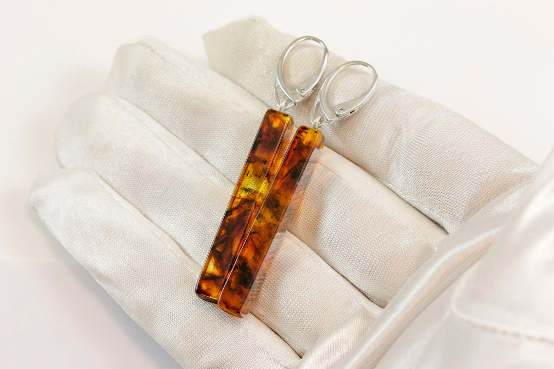 Amber Earrings Sterling Silver Yellow Honey Smooth Rectangular Square Contemporary Natural Unique Dangles Sterling Silver Euro Leverbacks 2