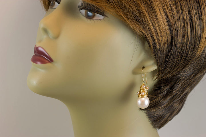 Large Round White Pearls Messy Wire Wrapped Plain or Seed Pearls or Gemstones Contemporary Dangle Drops 14k Solid Gold or Gold Filled