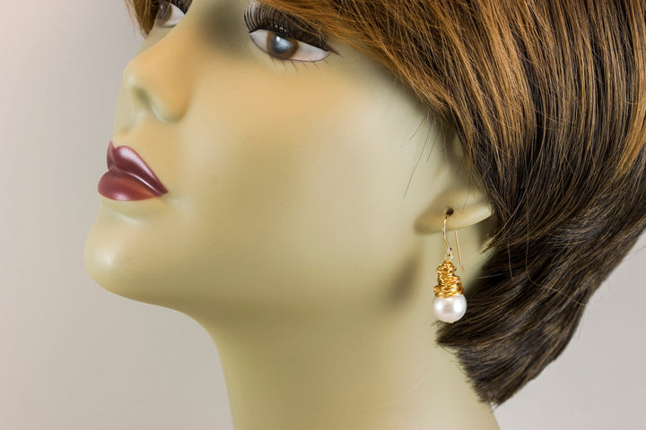 Large Round White Pearls Messy Wire Wrapped Plain or Seed Pearls or Gemstones Contemporary Dangle Drops 14k Solid Gold or Gold Filled